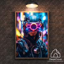 Plakatas „Cyber Man with Goggles“ – A1 (59 × 84 cm), su medžio spalvos rėmeliu ir tvirtinimu