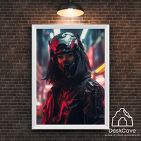 Plakatas „Cyber Asian Woman Warrior“ – A3 (30 × 42 cm), su baltu rėmeliu ir tvirtinimu