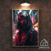 Plakatas „Cyber Asian Woman Warrior“ – A2 (42 × 59 cm), su medžio spalvos rėmeliu ir tvirtinimu