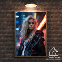 Plakatas „Cyber Blonde Girl“ – A3 (30 × 42 cm), su medžio spalvos rėmeliu ir tvirtinimu