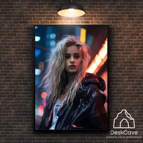 Plakatas „Cyber Blonde Girl“ – A2 (42 × 59 cm), su juodu rėmeliu ir tvirtinimu