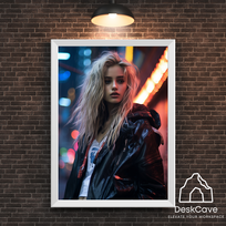 Plakatas „Cyber Blonde Girl“ – A2 (42 × 59 cm), su baltu rėmeliu ir tvirtinimu