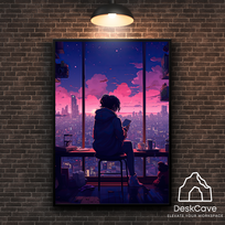 Plakatas „Anime miesto mergina“ – A3 (30 × 42 cm), su medžio spalvos rėmeliu ir tvirtinimu