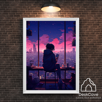 Plakatas „Anime miesto mergina“ – A3 (30 × 42 cm), su baltu rėmeliu ir tvirtinimu