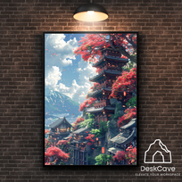 Plakatas „Japoniškas namas“ – A1 (59 × 84 cm), su medžio spalvos rėmeliu ir tvirtinimu