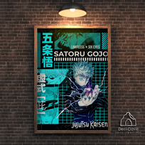Plakatas „Satoru Gojo“ – A4 (21 × 30 cm), su medžio spalvos rėmeliu ir tvirtinimu