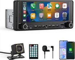 1 DIN automobilių radijas su belaidžiu „CarPlay“ ir „Android Auto“, 6,28 colio IPS ekranas