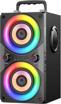 100 W nešiojamas „Bluetooth“ garsiakalbis su žemų dažnių garsiakalbiu ir LED apšvietimu – galingas „boombox“ su galingais baisais, mediniu korpusu ir TWS funkcija, skirtas vakarėliams lauke