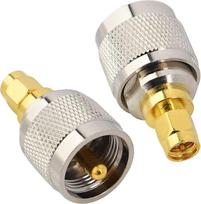 2 vnt. SMA–UHF PL259 adapterių rinkinys: UHF „patinas“ – SMA „patinas“ koaksialinė jungtis, mažų nuostolių koaksialinis adapteris, skirtas racijų antenoms, transliavimo radijo stotims ir „Wi-Fi“