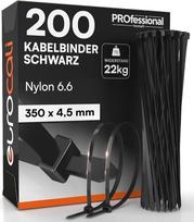 200 juodų kabelinių raištelių, 350 mm, maži, atsparūs UV spinduliams, skirti elektros instaliacijai, pagaminti iš nailono 6.6, tempiamasis stipris 22 kg, savaime užsifiksuojantys, neslystantys, atsparūs ugniai ir šalčiui – 350 x 4,5 mm