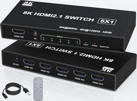 8K HDMI 2.1 komutatorius – 5 įėjimų ir 1 išėjimo HDMI komutatorius, palaikantis 8K @ 60 Hz ir 4K @ 120 Hz, su nuotolinio valdymo pultu, palaiko 3D/HDR/HDCP 2.3, suderinamas su PS5/4/3, „Xbox“, DVD grotuvu, televizoriumi ir kompiuteriu; 5 prievadų 4K 120 H
