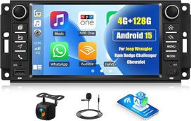 CAMECHO 4+128G 7 colių „Android 15“ automobilių radijas, skirtas „Jeep Wrangler“, „Dodge Challenger“ ir „Compass“ modeliams, su galinio vaizdo kamera, „Bluetooth“ radiju, belaidžiu „CarPlay“, „Android Auto“, FM/RDS, „Wi-Fi“, GPS, „MirrorLink“ ir „CANbus“