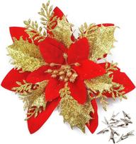 GL-Turelfies, 12 vnt. blizgančių Kalėdinių gėlių rinkinys (15 cm / 5,9 colio) su 12 spaustukais. Dirbtinės poinsettijos gėlės. Kalėdų eglutės gėlių papuošimai. Kalėdų eglutės papuošalai (raudona, auksinė)