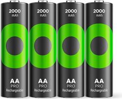 GP „ReCyko PRO“ AA baterija, 2000 mAh, NiMH, 1,2 V, 4 vnt. įkraunamų AA baterijų rinkinys, sukurta siekiant užtikrinti optimalų veikimą daug energijos reikalaujančiuose įrenginiuose, iki 1500 įkrovimo ciklų