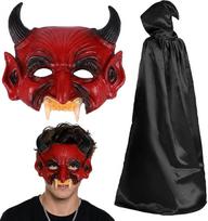 Helovino velnio kaukė ir apsiaustas su gobtuvu, demono cosplay kostiumas