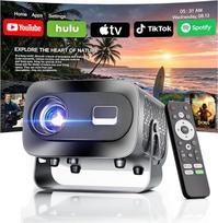 Mini projektorius, namų kino projektorius, palaiko 4K HD ir 1080p raišką, 350 liumenų šviesos srautą, automatinę trapečių korekciją, 360° pasukimą, „Wi-Fi“ ir „Bluetooth“, HDMI, TV Stick, „Memory Stick“, nešiojamąjį kompiuterį, išmanųjį lauko projektorių