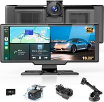 Nešiojamas belaidis „CarPlay“ ekranas su vaizdo registratoriumi – „Lehwey“ 10,26 colių „CarPlay“ planšetinis kompiuteris su 4K priekinės vaizdo registratoriumi ir 1080p galinio vaizdo kamera, „Bluetooth 5.0“, FM, balso asistentu ir 64GB TF kortele