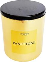 Rankų darbo Kalėdų žvakė „Panettone“ iš 100 % sojų vaško su mediniu dagčiu, auksiniame stikliniame inde su juodu mediniu dangteliu, 200 g, pagaminta rankomis Italijoje, Kalėdų dovana