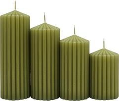 Ribotų stulpinių žvakių rinkinys / Žalios / 4 vnt. / Skersmuo 5 x 8, 10, 12, 14 cm / Be kvapo / Klasikinės žvakės / Svetainės ir vonios kambario dekoravimui