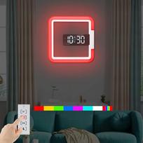 Sieninis laikrodis su LED apšvietimu, 3D elektroninis skaitmeninis laikrodis su temperatūros rodikliu, 7 RGB spalvos, didelis ekranas, sieninis laikrodis, virtuvės laikrodis, belaidis sieninis laikrodis, kalendoriaus žadintuvas, USB