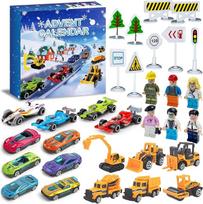 SZ746 „JiQiRen“ 2026 m. Advento kalendorius su žaisliniais automobiliukais, 24 dienų Kalėdų atgalinio skaičiavimo rinkinys su žaidimų kilimėliu, mini figūrėlėmis, kelio ženklais ir šviesoforais – dovanos idėja berniukams ir vaikams