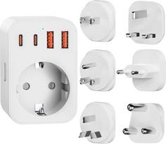 Universalus kelioninis kištukų adapteris su 2 USB-C ir 2 USB-A prievadais – 6 nuimami kištukai (A/B/C/G/I/M tipo) skirti naudoti Europoje, Jungtinėje Karalystėje, JAV, Australijoje, Pietų Afrikoje, Japonijoje ir kitose šalyse