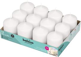 „Bolsius Basic“ dekoratyvinės žvakės, vaškas, baltos, vienetinis dydis: aukštis 7,8 cm, skersmuo 5,8 cm, 12 vnt. pakuotė