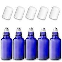 Mėlyna 30 ml stiklinė roll-on buteliukas su nerūdijančio plieno rutuliuku ir baltu dangteliu, 5 vnt. rinkinys