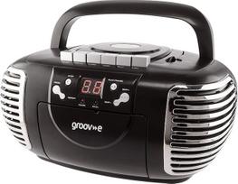 „Groov-e“ retro „boombox“ CD grotuvas su kasetės grotuvu, AM ir FM radijo imtuvu, 3,5 mm AUX lizdu išmaniesiems telefonams ir LED ekranu – juodos spalvos