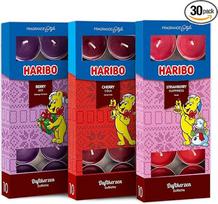 „Haribo“ 3 kvapnių žvakių rinkinys „Žiemos leidimas“ – uogų mišinys, vyšnių kola, braškių laimė – 30 vnt., degimo trukmė 4–6 val., šventinis žiemos dizainas