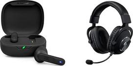 „JBL Wave Flex“ belaidės ausinės su IP54 ir IPX2 atsparumu vandeniui – juodos spalvos ir „Logitech G PRO X“ žaidėjams skirtos ausinės su „Blue VO!CE“ mikrofonu