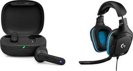 „JBL Wave Flex“ belaidės ausinės, atitinkančios IP54 ir IPX2 atsparumo vandeniui standartus, juodos spalvos, ir „Logitech G432“ laidinės žaidimų ausinės