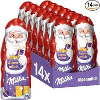 „Milka“ Kalėdų Senelio figūrėlė iš alpiško pieno šokolado, tuščiavidurė, 90 g (14 vnt. pakuotė)
