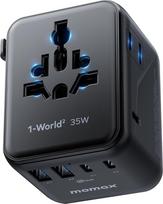 „MOMAX“ kelioninis adapteris, skirtas naudoti visame pasaulyje, 35 W kelioninis kištukinis adapteris su dviem AC 3 USB-C PD ir dviem USB-A QC jungtimis, 7-in-1 tarptautinis kelioninis adapteris, skirtas ES, JK, JAV ir Japonijai (tipai C/A/G/I)
