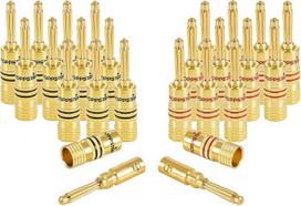 „Poppstar“ 24 vnt. aukščiausios klasės bananinių kištukų (iki 4 mm², padengtų 24 K auksu, 12 vnt. juodų, 12 vnt. raudonų)