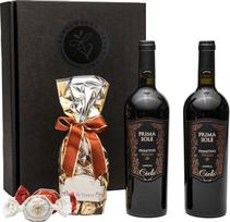 „Primitivo“ raudonojo vyno dovanų rinkinys su aukščiausios kokybės šokoladiniais triufeliais ir „Amaretti“ sausainiais – vyno dovana vyrams ir moterims gimtadienio, vestuvių, Kalėdų ar metinių proga