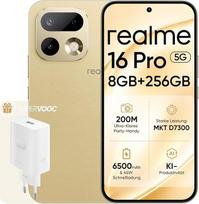 „realme 16 Pro 5G“ išmanusis telefonas, 8 + 256GB, dvi SIM kortelės, IP69, AI funkcijos, 45 W greitasis įkrovimas, 6500 mAh baterija, 6,78 colių 144 Hz plokščias ekranas, 200 MP OIS kamera, auksinis (su maitinimo adapteriu)