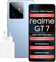 „realme GT 7“ išmanusis telefonas, 12+512GB, 6,8 colių AMOLED ekranas, „Dimensity 9400e“ aukščiausios klasės procesorius, 50 MP kamera, 7000 mAh titano baterija, 5G su dviem SIM kortelėmis, spalva „IceSense Blue“, į komplektą įeina įkroviklis