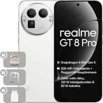 „realme GT 8 Pro 5G“ mobilusis telefonas, 12+256GB, „Snapdragon 8850“, 200 MP teleobjektyvo jutiklis, 50 MP kamera su optiniu vaizdo stabilizatoriumi (OIS), 6,78 colio AMOLED ekranas (2K, 144 Hz), 7000 mAh baterija, „Next AI“, IP68, baltas, su maitinimo