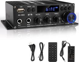 „Romicta“ Hi-Fi stiprintuvas AK390 Mini „Bluetooth“ stereo garso stiprintuvas-imtuvas, 12 V/220 V, 800 W, 2 kanalų galios stiprintuvas, garso stiprintuvas su FM radiju, USB ir kortelių įvestimi, skirtas namams arba automobiliui