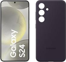„Samsung Galaxy S24“ AI išmanusis telefonas, 8GB RAM, 128GB atminties, marmuro pilkos spalvos, tamsiai violetinis silikoninis dėklas