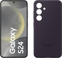 „Samsung Galaxy S24“ AI išmanusis telefonas, 8GB RAM, 128GB atminties, „Onyx Black“ spalvos, tamsiai violetinis silikoninis dėklas