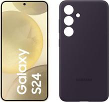 „Samsung Galaxy S24“ AI išmanusis telefonas, 8GB RAM, 256GB atminties, gintaro geltonumo spalvos, tamsiai violetinis silikoninis dėklas