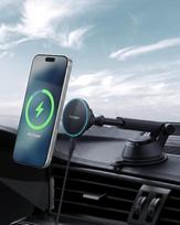 „Spigen Essential MagFit Qi2“ 15 W „MagSafe“ automobilinis įkroviklis – montuojamas ant prietaisų skydelio