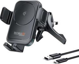 „Technaxx“ 15 W belaidis automobilinis įkroviklis ir mobiliojo telefono laikiklis TX-322 su „Qi“ greitojo įkrovimo laikikliu, skirtas montuoti ant oro ventiliacijos angos – automatinis fiksavimas, 360° pasukimas, tinka išmaniesiems telefonams, kurių ekran