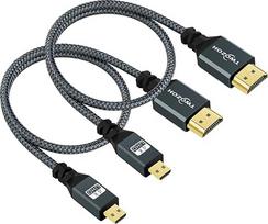 „Twozoh“ „Micro HDMI“ – „HDMI“ kabelis, 1 m, 2 vnt. rinkinys, nailono apipintas „HDMI A“ – „Micro HDMI D“ kabelis, palaiko 3D, 4K/60 Hz, 2.0, 1080p, skirtas „GoPro Hero7/8/9“ ir „Raspberry Pi 4“