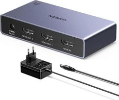 „UGREEN“ HDMI skirstytuvas: 1 įėjimas, 2 išėjimai, 8K @ 60 Hz, dviejų ekranų išvestis, 3D/HDR vaizdai, HDCP2.3 [„Windows XP/7/8/8.1/10/11“, „MacOS“, „Linux“, DVD, „PS5“/„PS4“/„Xbox“/„Switch“, išbandyta su televizoriais] Pridedamas 5 V, 2 A maitinimo adapt