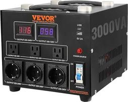 „VEVOR“ 3000 W įtampos keitiklis-transformatorius, kintamosios srovės 110 V – 220 V, su 3 JAV NEMA 5-15R 3-kontaktinėmis išėjimo lizdais, 3 Europos „Schuko“ tipo išėjimo lizdais, 1 USB lizdu ir 1 C tipo lizdu