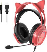 „Wantak“ ausinės su katės ausimis ir mikrofonu – su laidu (3,5 mm / USB) – žaidimų ausinės, skirtos kompiuteriui, PS5 ir Xbox – triukšmo slopinimas, Hi-Fi garso kokybė, 20–20 000 Hz – lengvos ir patogios moterims bei merginoms (raudonos)