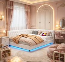Apmušta sofa-lova 140x200cm su LED ir USB lizdu,Dvigulė lova,Smėlio spalvos,Medijos aksomas,Be čiužinio